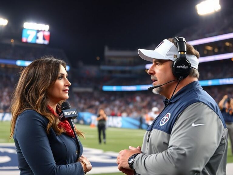 A split-image visual featuring Dianna Russini in a studio setting during a football broadcast on the left, and Mike Vrabel in