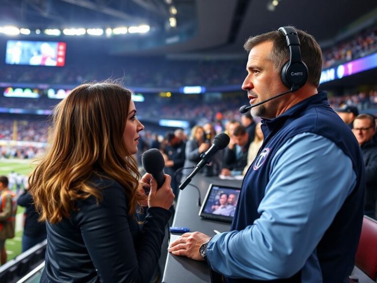 A split-screen image showing Dianna Russini interviewing Mike Vrabel on the sidelines, with ESPN graphics and a football stad