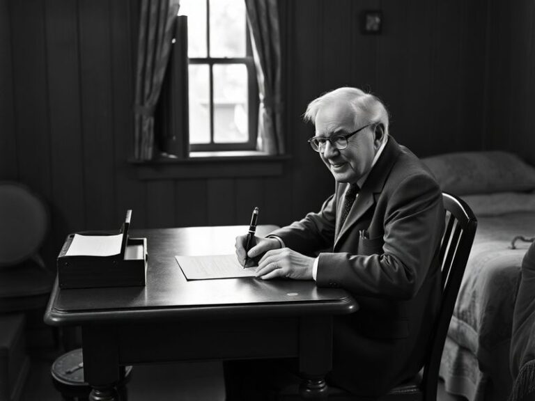 A sepia-toned archival photo of a teenage Warren Buffett sitting at a desk with a typewriter, surrounded by newspapers and le
