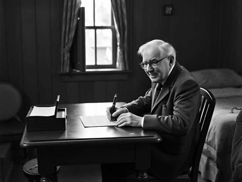 A sepia-toned archival photo of a teenage Warren Buffett sitting at a desk with a typewriter, surrounded by newspapers and le