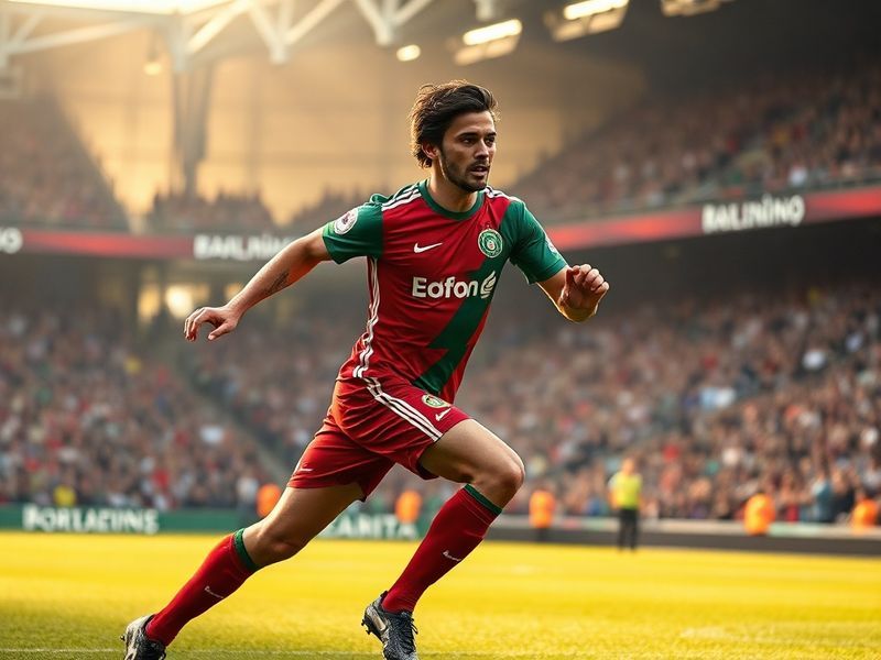 A dynamic action shot of Nuno Mendes in PSG colors, sprinting down the left flank with the Eiffel Tower blurred in the backgr