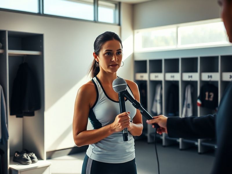 A professional portrait of Dianna Russini in a sports studio setting, with NFL logos in the background and a reflective, cont