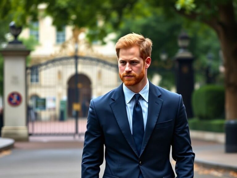 A candid portrait of Prince Harry in a modern setting, possibly outdoors with a relaxed demeanor, representing his transition