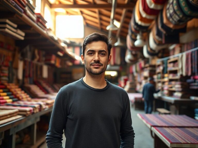A dynamic portrait of Samet Yiğitoğlu speaking at a tech conference, with a digital screen displaying AI analytics in the bac