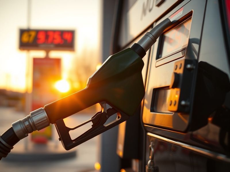 A gas station pump displaying high fuel prices with a blurred background of a busy highway and city skyline, conveying urban