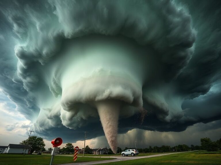 A dramatic yet calm scene of a stormy sky over Madison, Wisconsin, with dark clouds looming but no visible tornado. The foreg