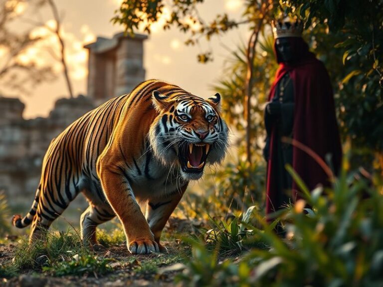 A regal lion statue facing a lifelike tiger statue in a misty garden setting, symbolizing the clash of power and wildness, wi