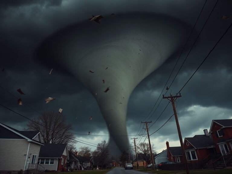 A dramatic evening scene of dark storm clouds over Madison, Wisconsin with emergency vehicles and downed power lines in the f