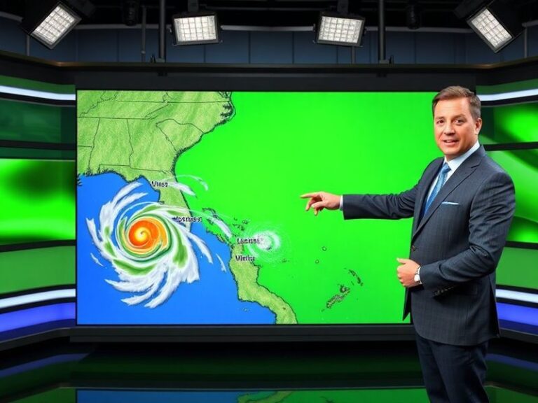 A meteorologist from Channel 3000 standing in front of a green screen weather map, pointing to an incoming storm system over