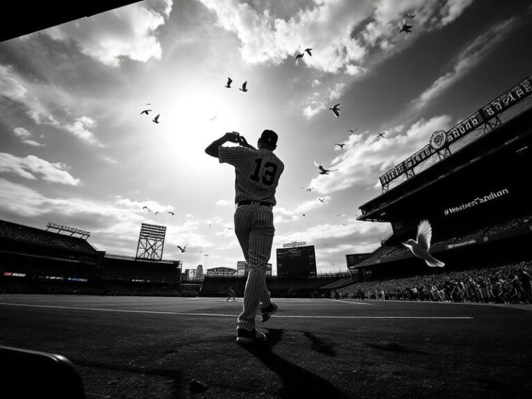 A dynamic shot of the New York Yankees celebrating on the field at Yankee Stadium, with players in mid-action, wearing pinstr