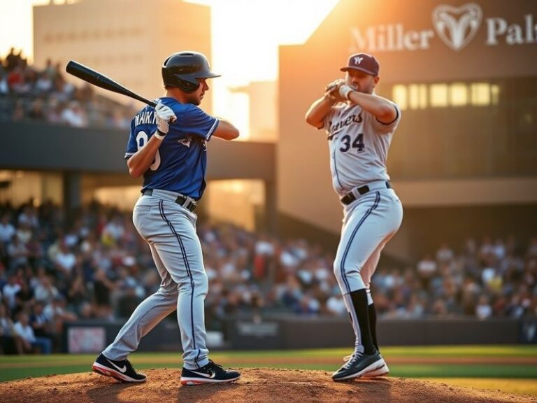 A split-screen image showing a Toronto Blue Jays batter mid-swing on one side and a Milwaukee Brewers pitcher in mid-delivery