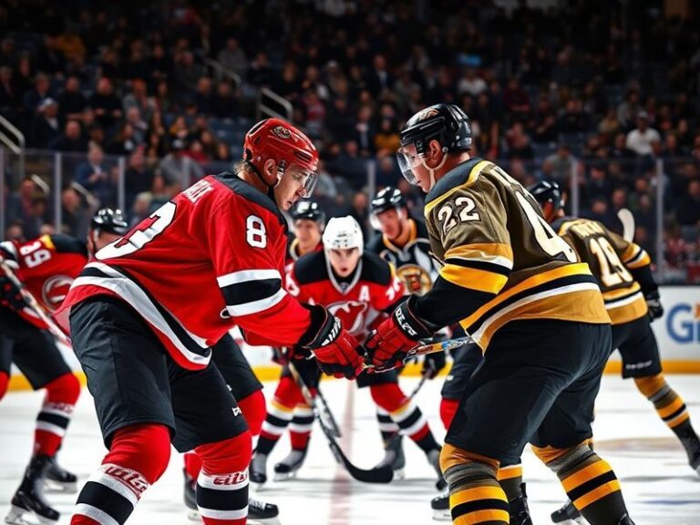 Two hockey players in opposing jerseys (Devils blue vs Bruins black) battling for the puck at center ice during a packed aren