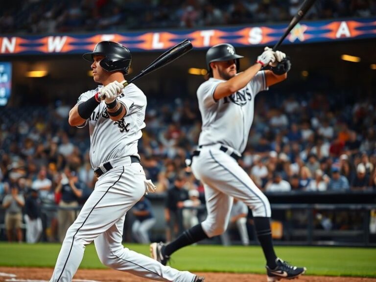 A dynamic shot of a Tampa Bay Rays vs Chicago White Sox game at Tropicana Field, featuring players in action with a diverse c