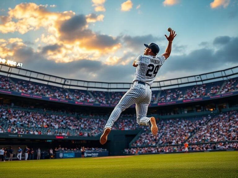 A dynamic shot of a Yankees batter facing an Angels pitcher during a high-stakes game, with the stadium lights illuminating t