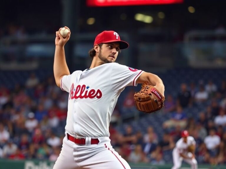 A dynamic action shot of Aaron Nola pitching for the Philadelphia Phillies, capturing his intense focus and mid-pitch deliver