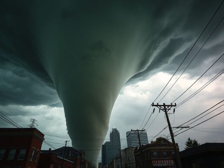 A dramatic scene of dark storm clouds over Milwaukee with emergency sirens visible in the foreground, capturing the urgency a