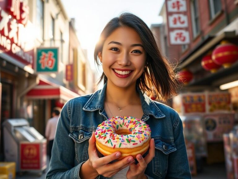 A vibrant studio portrait of Jamie Ding against a gradient background, wearing a mix of traditional and contemporary fashion