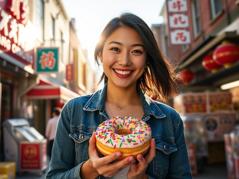 A vibrant studio portrait of Jamie Ding against a gradient background, wearing a mix of traditional and contemporary fashion