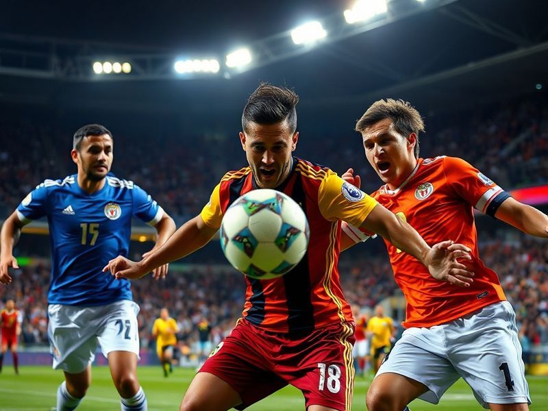 A dynamic action shot of a Concacaf Champions League match, featuring a packed stadium with fans in vibrant colors, players i