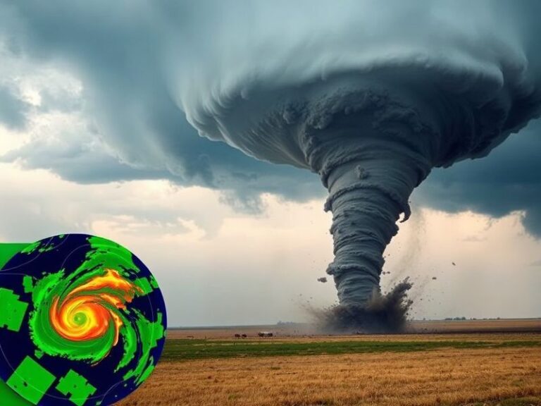 A high-tech radar facility with a large white dome antenna scanning stormy skies, displayed on multiple monitors inside a con