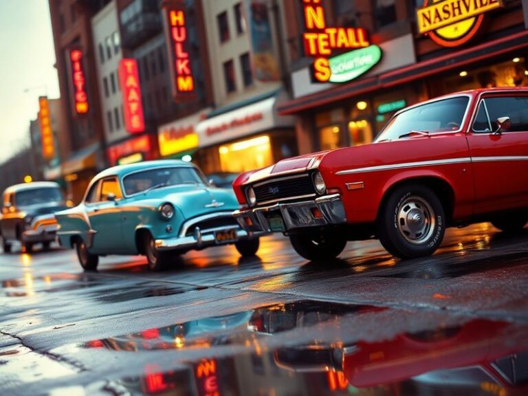 A vibrant cityscape of Nashville at dusk, featuring the AT&T Building, historic honky-tonks on Broadway, and a diverse crowd