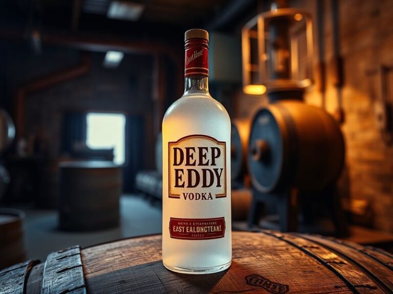 A vibrant, sunlit bottle of Deep Eddy Vodka surrounded by fresh citrus fruits and Texas wildflowers, with an Austin skyline b