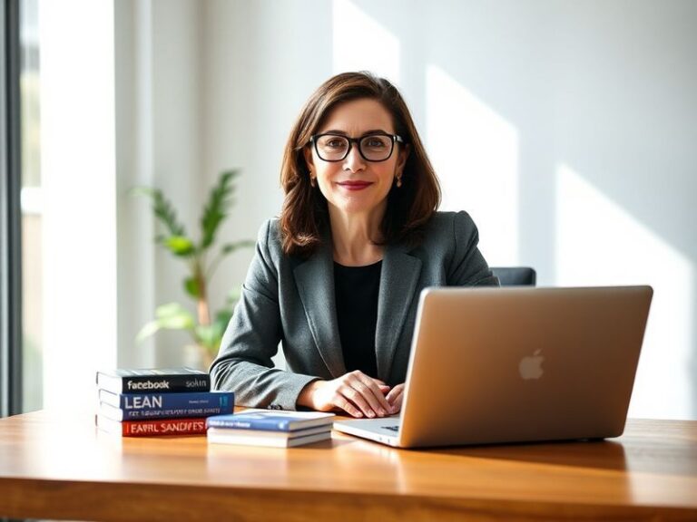 A professional portrait of Sheryl Sandberg speaking at a conference, wearing business attire, with a warm smile, a microphone
