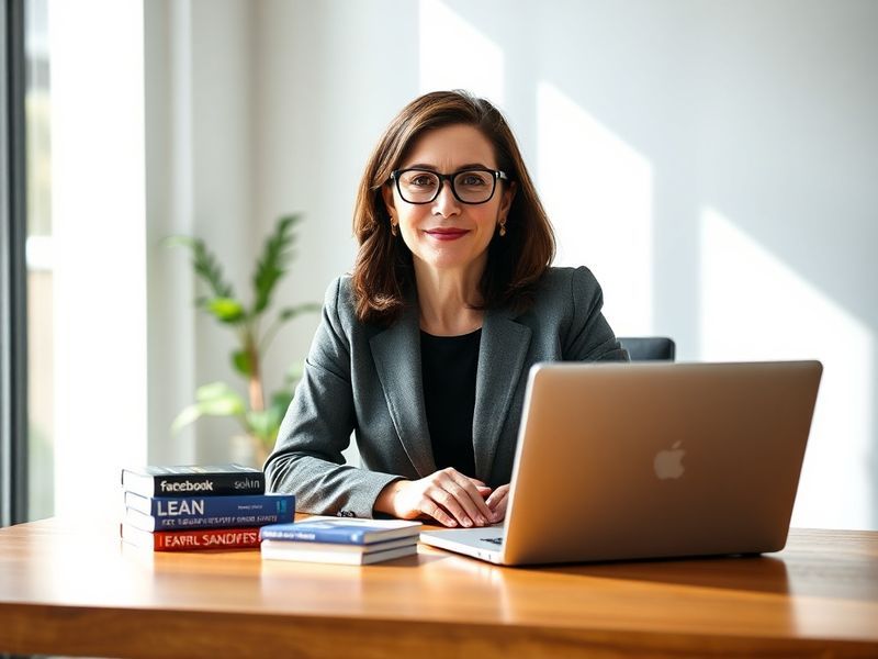 A professional portrait of Sheryl Sandberg speaking at a conference, wearing business attire, with a warm smile, a microphone
