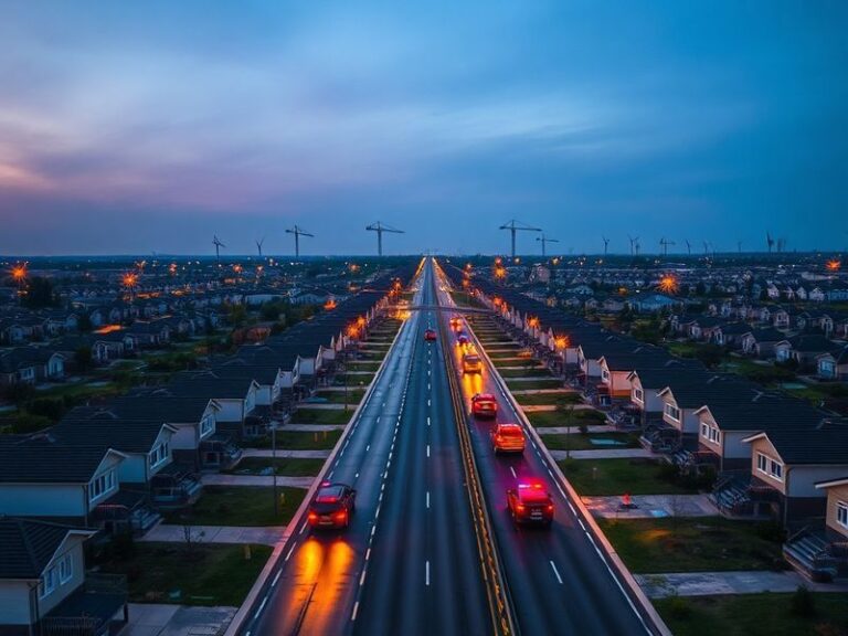 A balanced, split-image composition showing a courthouse on one side and a financial trading floor on the other, with a subtl