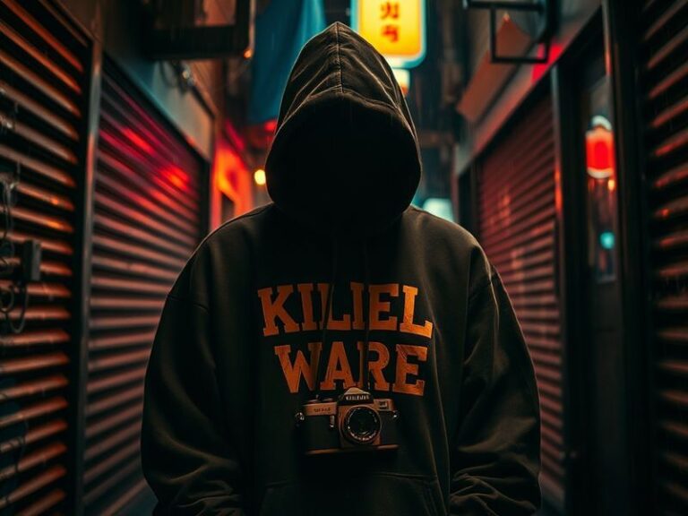 A vibrant street scene featuring a diverse group of young adults wearing Kelel Ware clothing, standing in front of a colorful