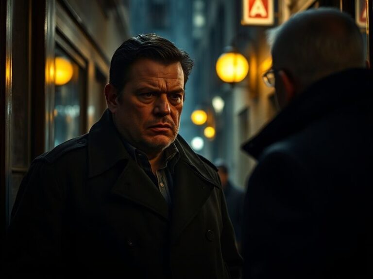 A moody close-up of Vincent D'Onofrio in character, showcasing his intense expression with a film noir lighting style. He wea