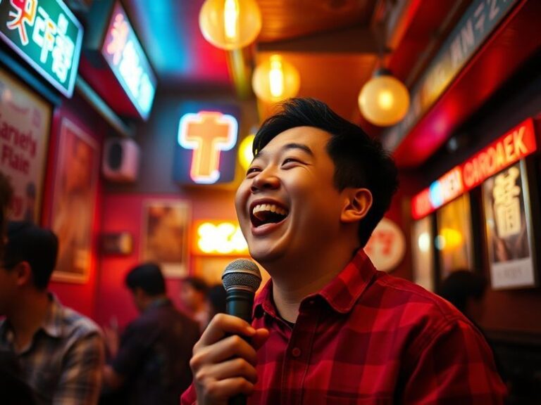 A vibrant, candid photo of Joel Kim Booster on stage during a comedy set, wearing a casual outfit with a microphone in hand.