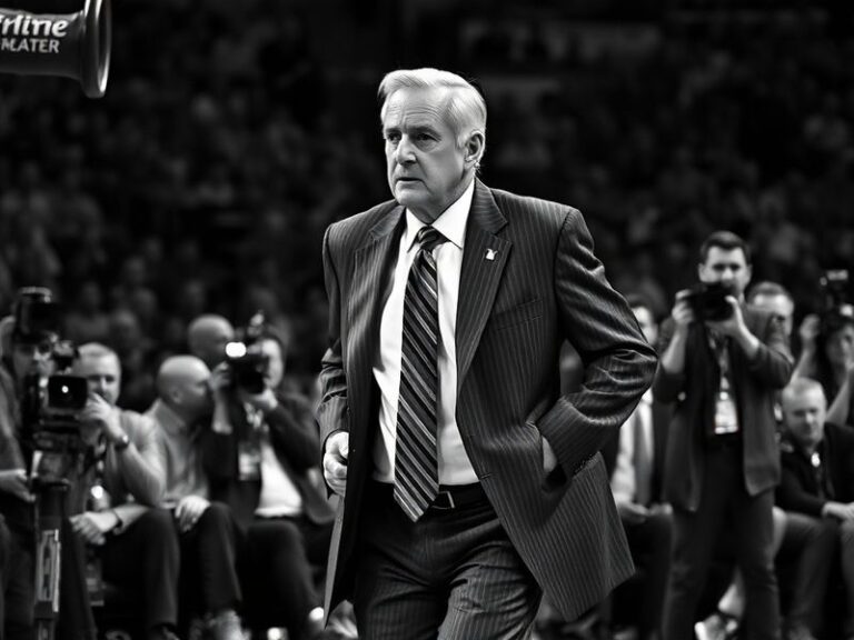A dynamic photo of Pat Riley in a suit, holding a championship trophy, standing courtside with a focused expression, surround