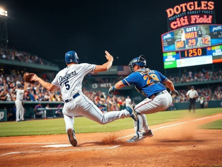 A vibrant scene at Dodger Stadium or Citi Field, showcasing the teams' logos, diverse fans in team colors, and the electric a