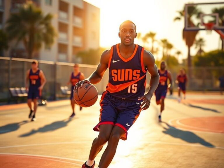 A dynamic action shot of the Phoenix Suns in their purple and orange jerseys, with Devin Booker driving to the basket against