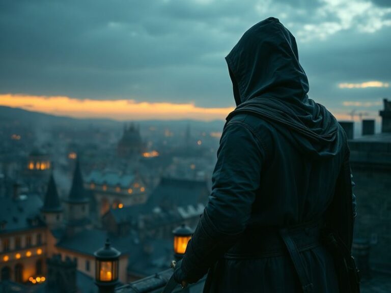 A cinematic scene featuring Ezio Auditore from Assassin's Creed II standing on a rooftop in Renaissance Italy, overlooking Fl