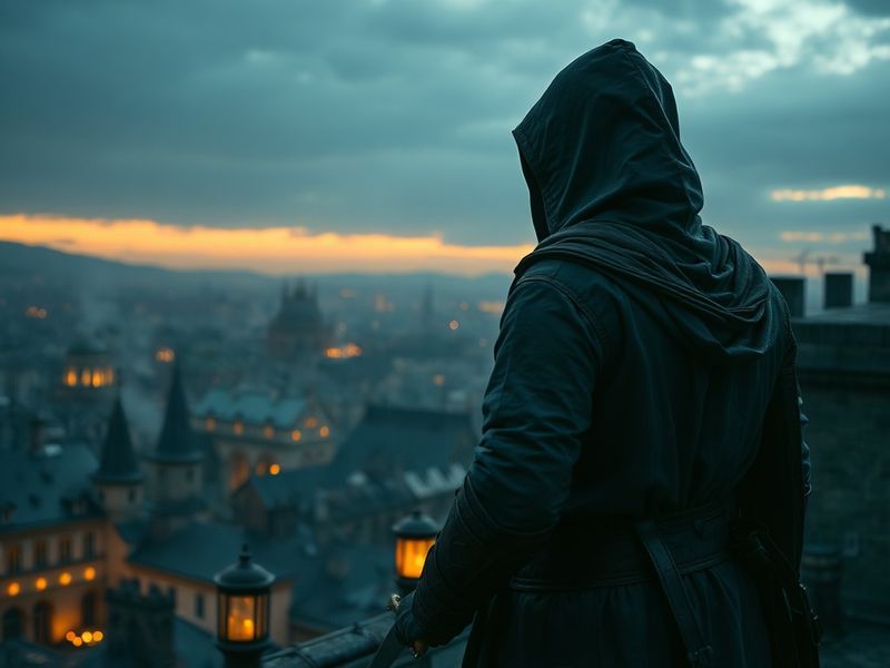 A cinematic scene featuring Ezio Auditore from Assassin's Creed II standing on a rooftop in Renaissance Italy, overlooking Fl