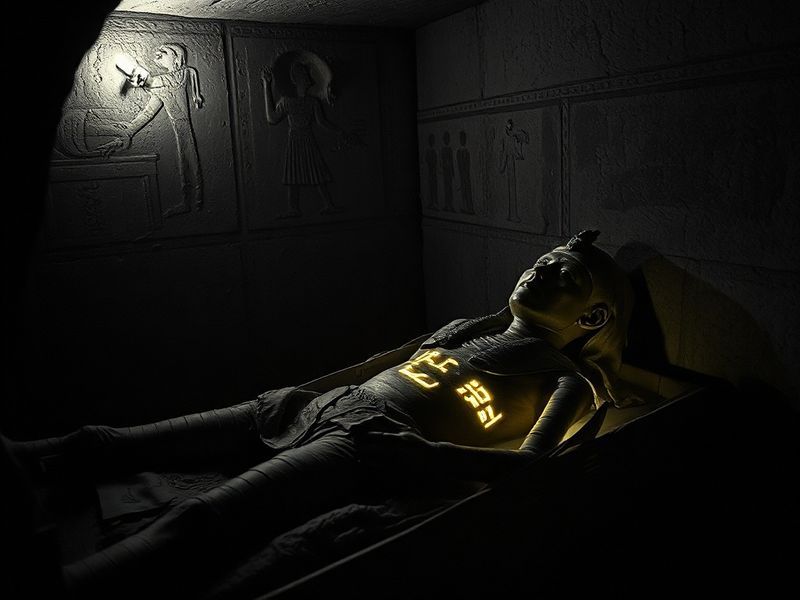 A dimly lit tomb corridor with ancient hieroglyphs glowing faintly. In the foreground, a modern flashlight beam illuminates c