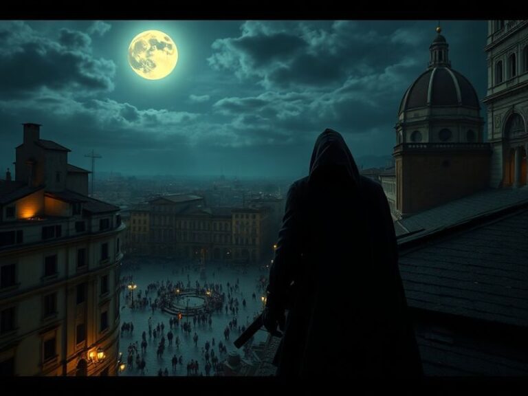 A cinematic scene featuring an Assassin in Renaissance-era Florence, with detailed architecture, cobblestone streets, and a v