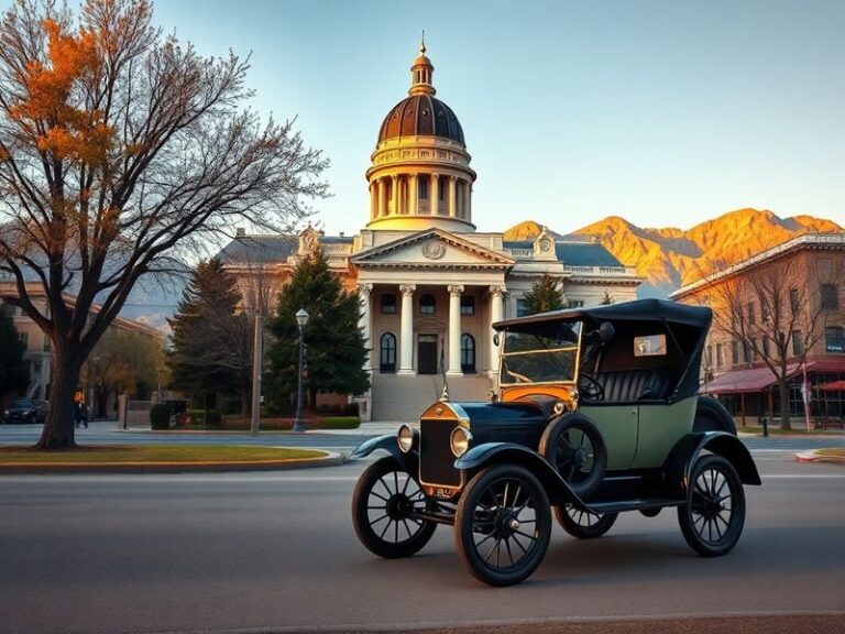 Aerial view of Carson City showing the Nevada State Capitol building with the Sierra Nevada mountains in the background, feat