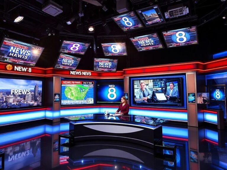 A split-screen image showing a News 8 studio anchor on one side and a montage of global news footage on the other, symbolizin