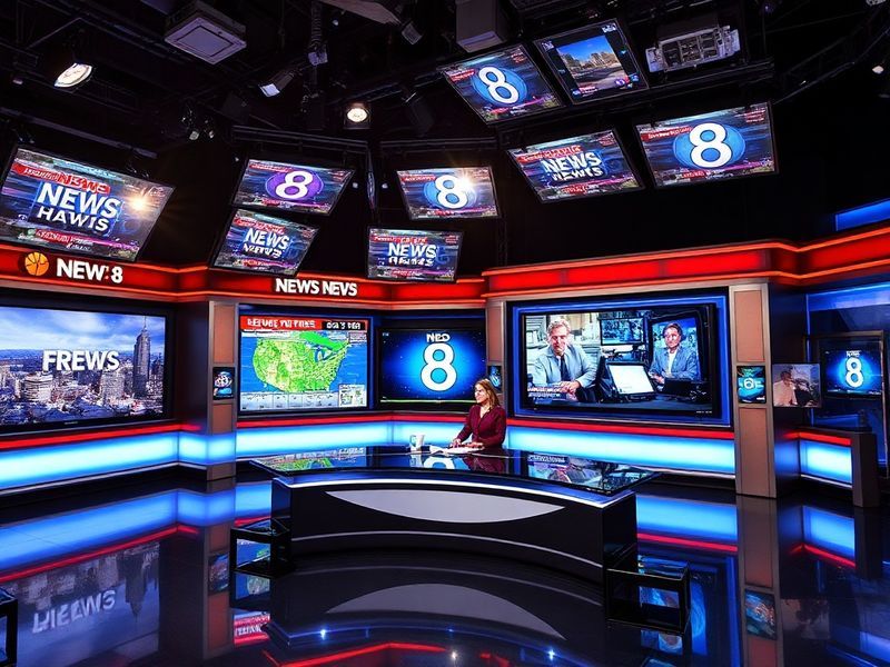 A split-screen image showing a News 8 studio anchor on one side and a montage of global news footage on the other, symbolizin