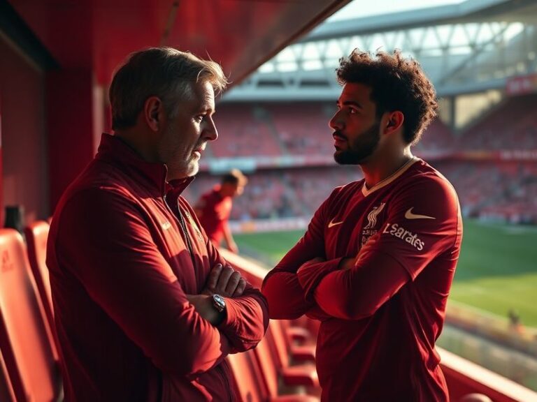 A split-image scene: the left side shows Mohamed Salah celebrating a Liverpool goal with fans in the background; the right si
