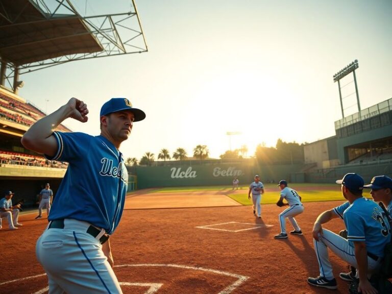 A dynamic action shot of a UCLA baseball player in the batter’s box at Jackie Robinson Stadium during a game, with the iconic