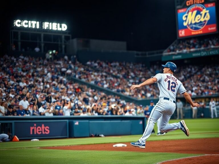 A split-screen image showing Max Scherzer pitching for the Mets and Francisco Lindor at bat, with the Dodger Stadium scoreboa