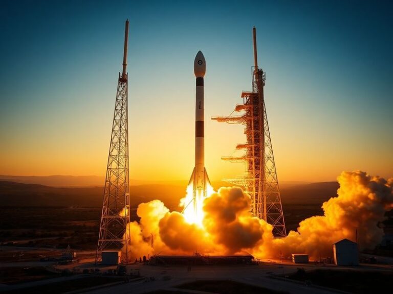 A rocket lifting off from Vandenberg Space Force Base at dusk, with a fiery exhaust plume illuminating the coastal landscape.