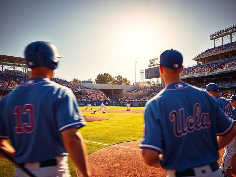 A vibrant action shot of UCLA Baseball players in their navy and gold uniforms on the field at Jackie Robinson Stadium, with