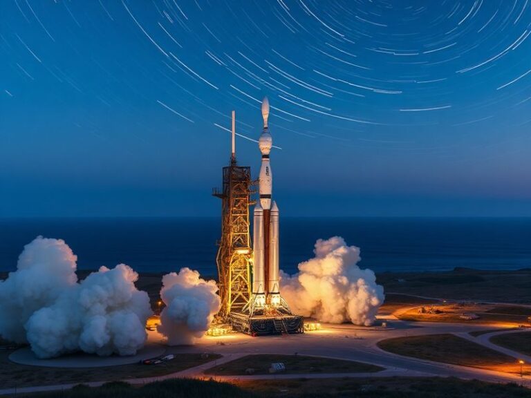 A Falcon 9 rocket lifting off from Vandenberg Space Force Base at dusk, with a trail of exhaust and a backdrop of coastal hil