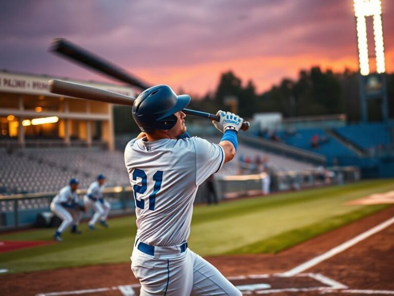 A dynamic action shot of UCLA baseball players in navy and gold uniforms during a game at home stadium, with fans in the stan