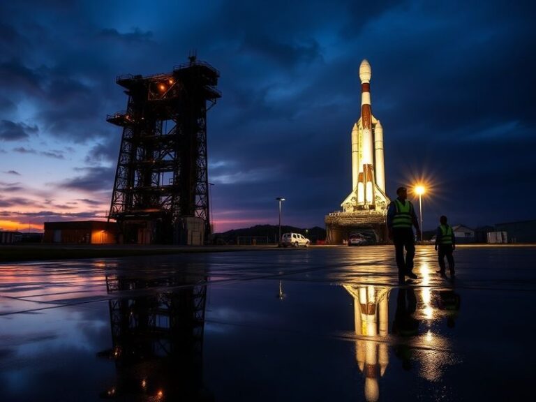 A rocket lifting off from Vandenberg Space Force Base under a clear blue sky, with a launch pad and coastal hills visible in